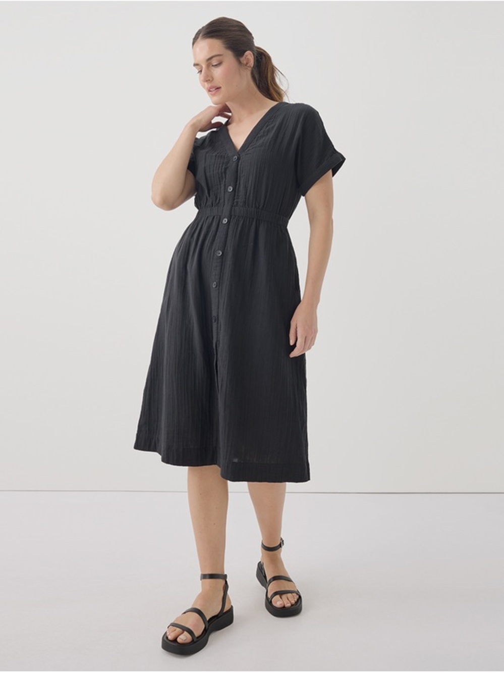 Pact Black Coastal Double Gauze short sleeve dress
